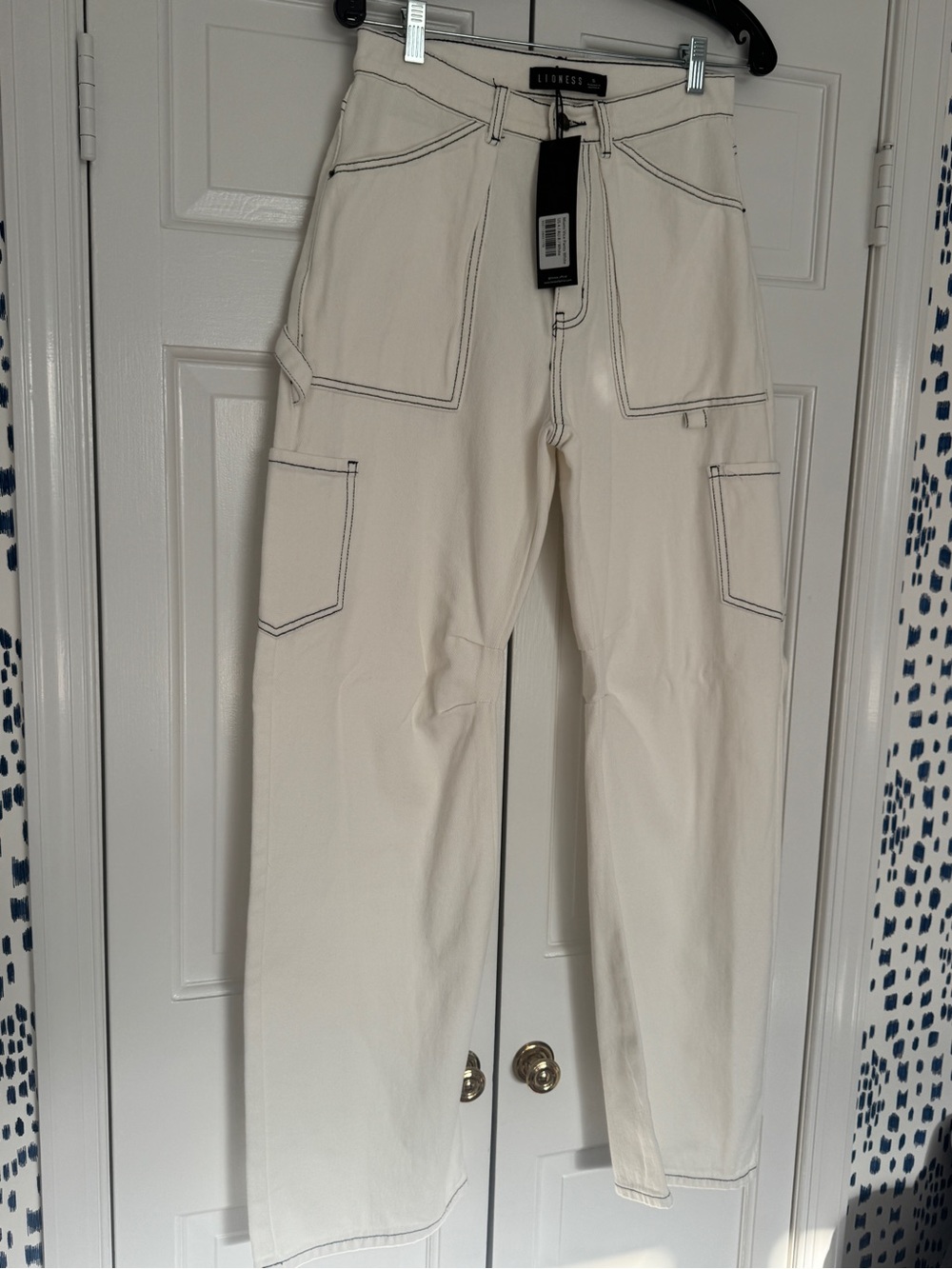 Lioness Cream Carpenter Cargo Pants with Dark Contrast Stitching - Picture 1 of 5